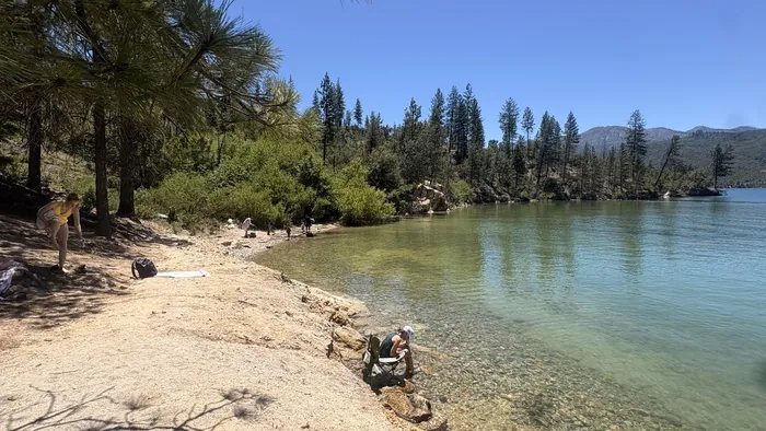 Rocky shoreline and pines along a quiet Whiskeytown Lake inlet