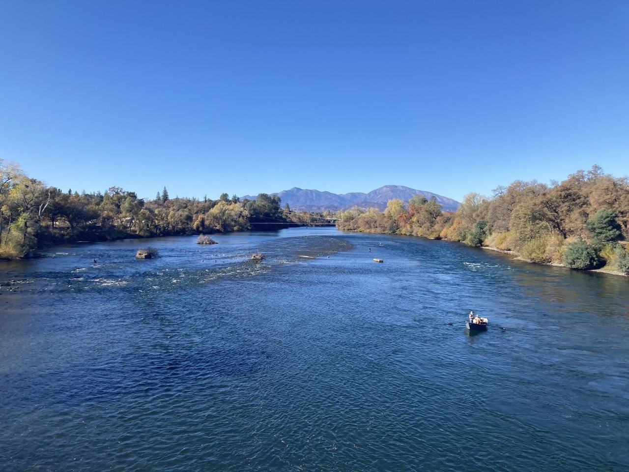 The Sacramento River as it runs through Redding in Shasta County, California