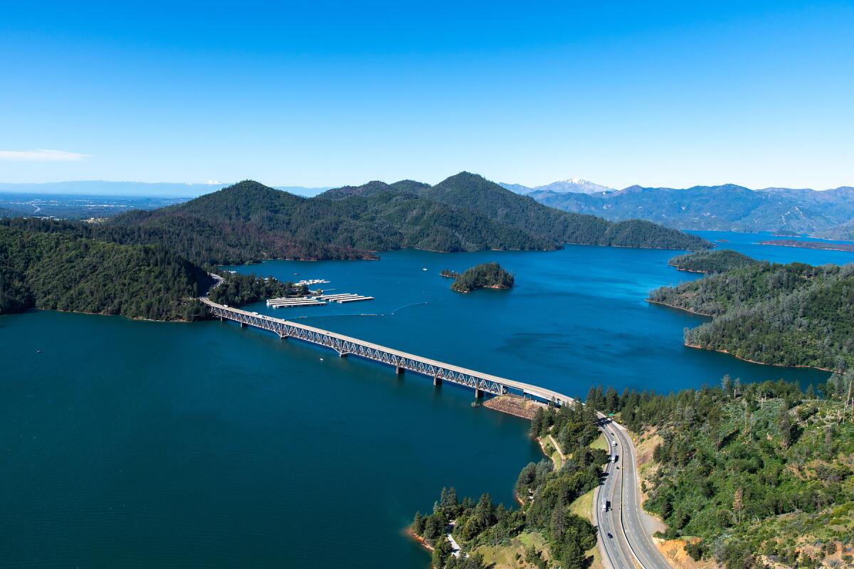 Aerial view of Shasta Lake and Pit River Bridge